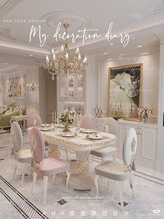 a dining room with chandelier, chairs and table surrounded by white marble flooring