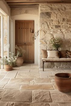 Rustic hallway color scheme featuring earthy tones and natural hues that bring warmth and depth to the space Hallway Design Ideas, Rustic Hallway, Deco Champetre, Hallway Design, Stone House, Stone Work, Stone Flooring, Make Yourself, Ranch House