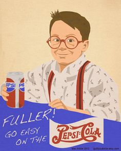 a man with glasses and suspenders is holding a sign that says filler go easy on the pepsi cola