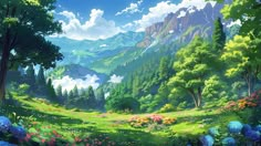 a painting of a lush green forest with mountains in the background and blue flowers on the ground