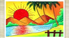 a drawing of a sunset with palm trees and mountains in the background, on paper