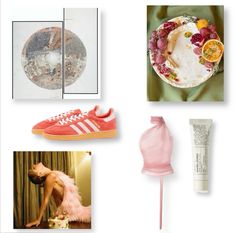 a collage of various items including shoes, food and makeup