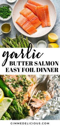 salmon and asparagus on foil with text overlay - garlic butter salmon easy foil dinner