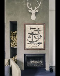 a living room filled with furniture and a fire place next to a wall mounted deer head