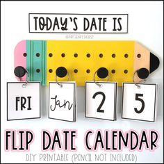 a flip date calendar is hanging on a yellow and black board with magnets attached to it