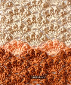 the crochet pattern is shown in orange and white