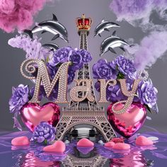 the eiffel tower is surrounded by purple flowers and hearts in front of it