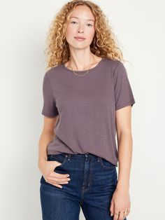 crew neck short sleeves prints vary relaxed fit hits at hip models are approx.  5'9" and wear sizes s (4), l (12), and xl (18) Ribbed Shirt, Pajamas Gift, Old Navy Women, T Shirt For Women, Knitted Tshirt, Petite Size, Womens Clothing Tops, Knit Jersey, Neck T Shirt