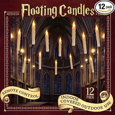 the front cover of floating candles, featuring lit candles in an old church with gold ribbon