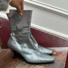 Escada Leather Iridescent Snake Boots Reflective Structural Heel In Baby Blue Pinky Color. In Super Good Condition Iridescent Snake, Iridescent Shoes, Snake Skin Boots, Snake Boots, Super Good, Snake Skin, Baby Blue, Bootie Boots, Ankle Boots