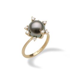 14K Yellow Gold Ring "Protea Flower" Design 10-11mm, Tahitian Black Pearl Variety of natural colors (black, green, grey and peacock) Eight faceted round Diamonds totaling 0.24 carats, total weight Ring sizes 5 to 9 Contact us for additional ring sizes Due to their nature, no two pearls are alike. Pearls will vary in color, shape and overtone. Dimples, birthmarks, surface imperfections may be present and speak to their nature making each pearl unique. Maui Divers Jewelry offers extended sizing wh Luxury Black Tahitian Pearl Ring, Luxury Yellow Gold Ring With Tahitian Pearl, Luxury Oval Pearl Ring Fine Jewelry, Dimond Ring, Protea Flower, Black Pearls, Hawaiian Jewelry, Tahitian Black Pearls