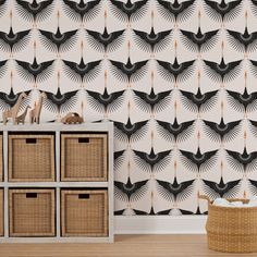 the wallpaper is black and white with an intricate design on it, along with wicker baskets