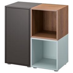 an open cabinet with one door and two shelves