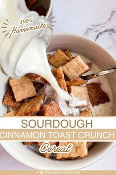 sourdough cinnamon toast crunch cereal is being poured into a bowl