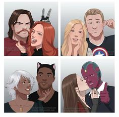 four different pictures of people with their faces painted like superheros and catwomans