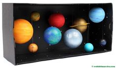 a black box filled with different sized and colored planets on white background in front of a white backdrop