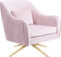 a pink velvet chair with gold legs and a pillow on the armrest, against a white background