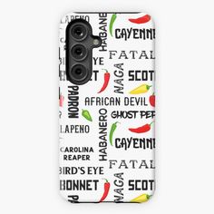 a phone case with the words cayenna on it and peppers in different languages