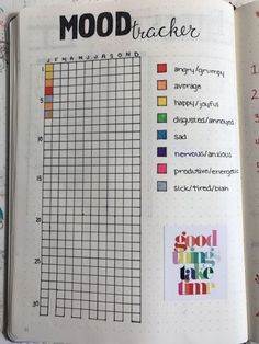 an open notebook with the words mood tracker on it