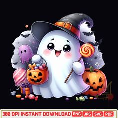 a halloween poster with a ghost holding a candy