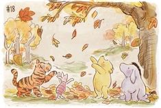 winnie the pooh and friends are playing in the leaves with each other on a fall day