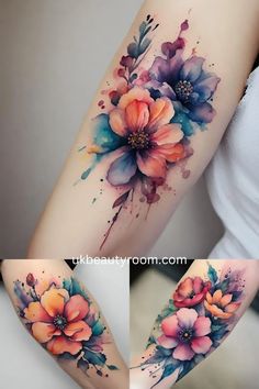 this is an image of a woman's arm with watercolor flowers on it