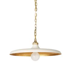 a white and gold pendant light hanging from a chain