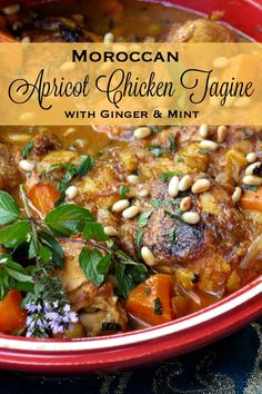 moroccan apricot chicken tagine with ginger and mint in a red bowl on a blue table cloth