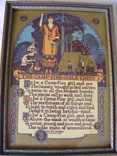 the camp fire girl and other poem is displayed in a frame on a bed sheet