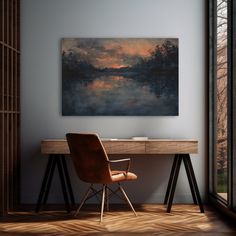 a painting hanging on the wall above a desk with a chair in front of it