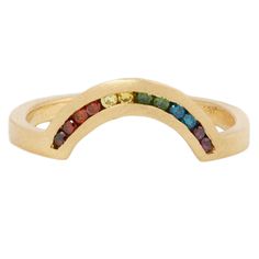 Twelve brilliant cut diamonds in every color are channel set in matte gold along a rainbow arc. This hand-hewn ring from Sarah Swell makes a gorgeous statement on its own or can be worn as a nesting band. Stones: Twelve Brilliant Cut Diamonds, Total .12tcwMetal: 18k Yellow GoldMeasurements: Arc length: 14.5mm, Arc widt Rainbow Diamond, Rebecca Overmann, White Pearl Bracelet, Wolf Jewelry, Funky Jewelry, Champagne Diamond, Marquise Diamond, Channel Set, Diamond Band