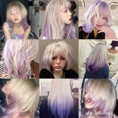 Purple and blonde hair Blonde Hair Lavender Tips, Purple Hair Ideas Highlights, Blonde And Light Purple Hair, Dark Purple Hair With Light Purple Highlights, Blonde Hair Purple Peekaboo, Blonde To Lavender Hair, White Hair Purple Highlights, Blond And Lavender Hair, Light Purple And Blonde Hair