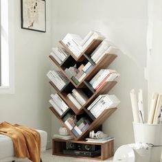 a bookshelf in the corner of a living room