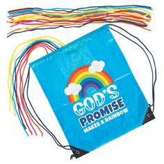 a blue bag with the words god's promise makes a rainbow on it