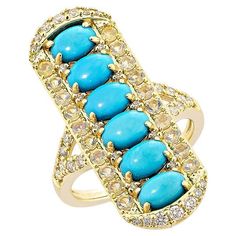 Sunita Nahata presents a one-of-a-kind set of turquoise, each stone in a traditional oval cut. This ring exemplifies the style and elegance that modern women wish to display, with the stones set in a single, straight line. Crafted in yellow gold, this ring is accented with white diamonds and opal to display a simple but exquisite appeal. Turquoise Cocktail Ring in 18Karat Yellow Gold with Opal, and White Diamond. Turquoise: 2.64 carat, 6X4mm size, cab cut, oval shape. Opal: 0.47carat, 2.00mm siz Unique Yellow Gold Oval Turquoise Ring, Fine Jewelry Gold Turquoise Multi-stone Ring, Yellow Gold Turquoise Ring With Gemstone Accents, Yellow Gold Oval Turquoise Ring With Gemstone Accents, Oval Yellow Gold Rings With Stones, Gold Oval Turquoise Multi-stone Ring, Gold Turquoise Multi-stone Oval Ring, Gold Oval Multi-stone Turquoise Ring, Oval Turquoise Ring In Yellow Gold With Diamond