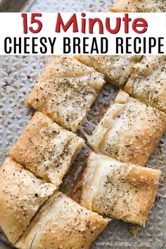 homemade cheesy bread is cut into squares and placed on a baking sheet with text overlay