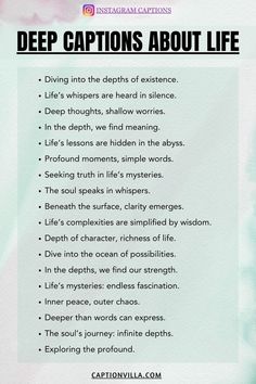 a poster with the words deep captions about life written in black and white on it