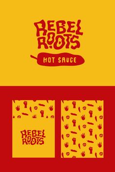 the logo for rebel roots hot sauce is shown in red, yellow and orange colors