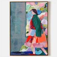 an abstract painting of a woman walking down the street