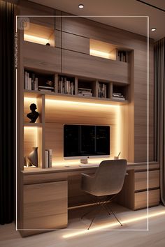 a modern home office with built - in shelving unit and desk, lighted by recessed lighting