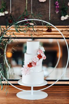 Three tier white iced wedding cake with pink and red iced flower decorations for rose theme wedding day Rose Theme Wedding, Wedding Cake Classic, Wedding Cake With Pink, Rose Wedding Theme, Milla Nova Wedding Dresses, Elmore Court, Cake Classic, Wedding Dress Photography