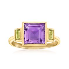 2.00 Carat Amethyst and .20 ct. t.w. Peridot Ring in 14kt Yellow Gold. Size 9 | Ross-Simons Amethyst And Peridot, Tin Cup, Emerald Necklace Pendant, Jewelry Presentation, Peridot Color, Amethyst Birthstone, Pear Shaped Ring, Amethyst Studs, Amethyst Necklace Pendant