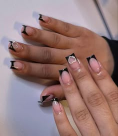 Simple Black French Nails, Nails Short Acrylic Black, Short Grad Nails, Short Square Black French Tip Nails Designs, Short Black French Tip Nails With Charms, Black Short Acrylics, Shorties Nails Black, Black French Tip Short Nails, Black French Tip Nails With Charms