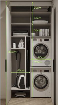 the measurements of an open closet for washing machines