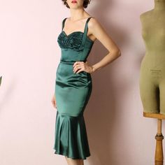 RTW dark green satin dress sweetheart straps mermaid dress | Etsy Retro Spaghetti Strap Party Dress, Party Mermaid Dress With Ruched Bodice, Green Fitted Evening Dress With Mermaid Hem, Green Fitted Mermaid Hem Evening Dress, Fitted Green Evening Dress With Mermaid Hem, Fitted Green Mermaid Hem Evening Dress, Elegant Fitted Vintage Dress With Sweetheart Neckline, Fitted Vintage Dress With Sweetheart Neckline For Evening, Vintage Fitted Dress With Sweetheart Neckline For Party