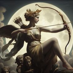 a painting of a woman holding a bow and arrow in front of a full moon