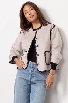 Wearable Fall Fashion Trends for 2024 - the gray details Denim Sweater Jacket, Denim Sweater, Classic Jacket, Wool Blend Jacket, Contrast Stitch, Wool Jacket, Wool Sweaters, Sweater Jacket, Jumpsuit Dress