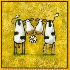 three cows standing next to each other in front of a yellow and white background with flowers