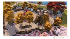 an artist's rendering of a park with trees, benches and people walking around