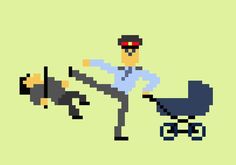 an old - school pixel art image of a man pushing a stroller with a baby in it